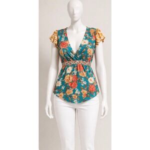 Cato Floral Top Womens Large Teal Orange Rose Leopard Print Flutter Sleeve